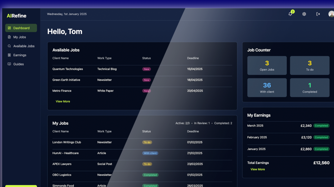 AI Refine editor dashboard